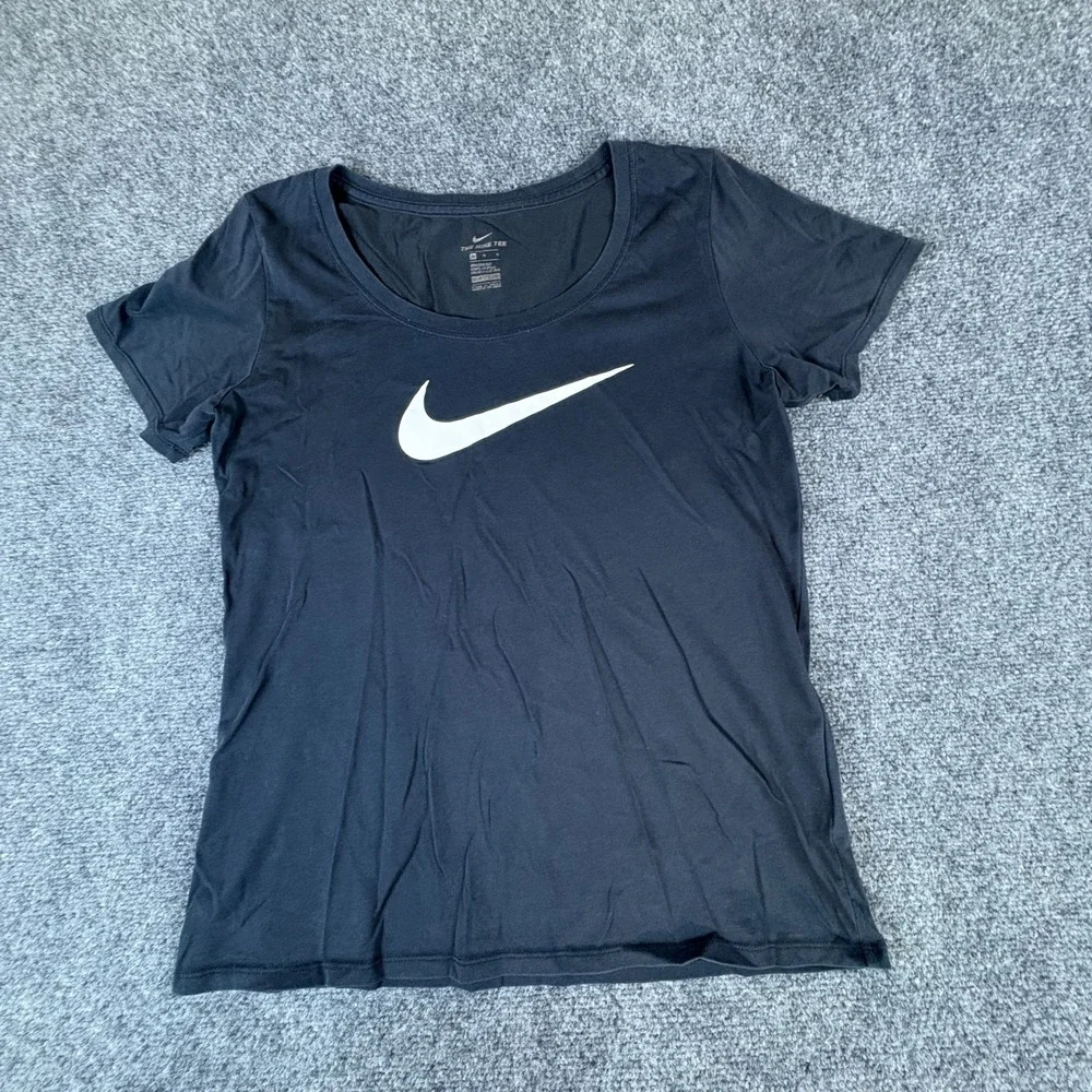 The Nike Tee Dri-FIT Shirt Womens Medium Black Swoosh Logo Cotton Athletic Cut